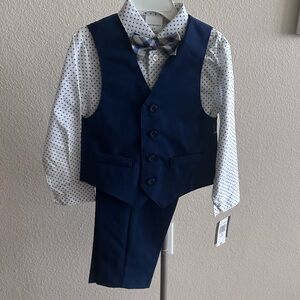 Boys Navy Blue Vest Suit with Polka Dot Shirt